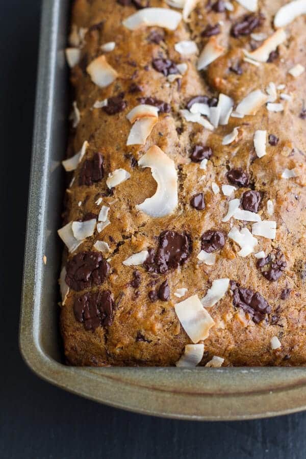 Toasted Coconut and Chocolate Chunk Roasted Banana Bread | halfbakedharvest.com