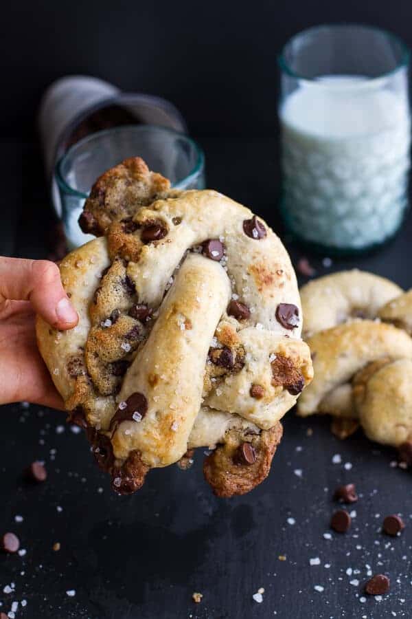Warm Chocolate Chip Cookie stuffed Soft Pretzels | halfbakedharvest.com