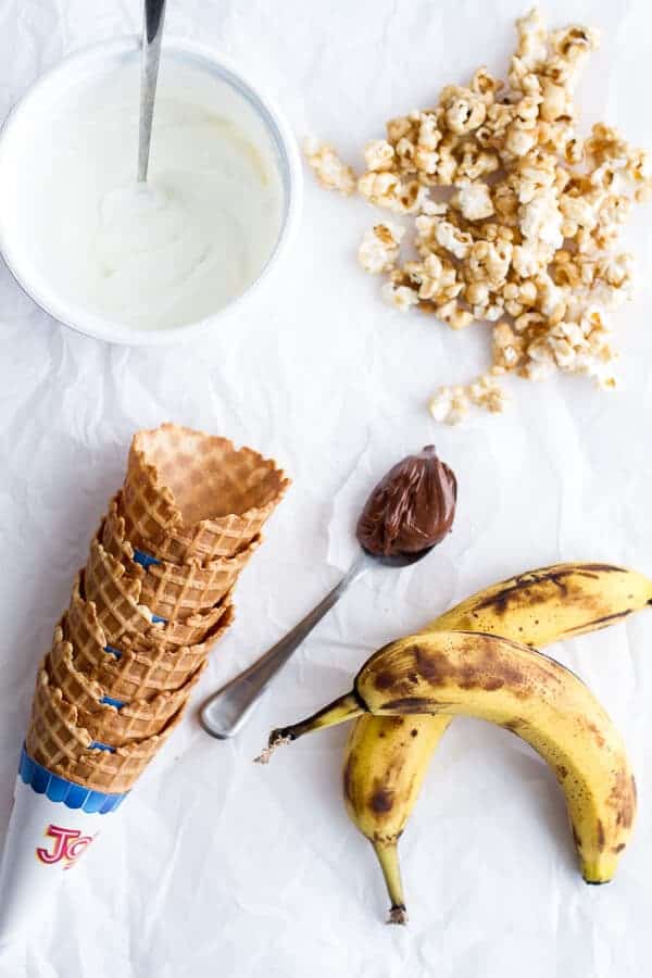 Banoffee + Nutella Greek Yogurt Waffle Cone Parfaits with Cashew Caramel Popcorn | halfbakedharvest.com