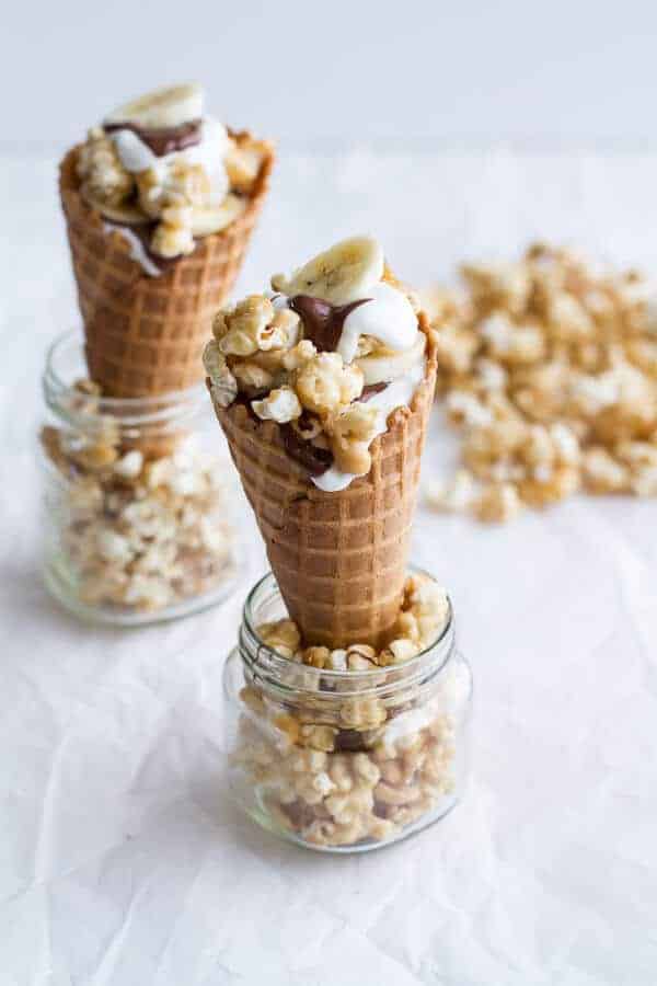 Banoffee + Nutella Greek Yogurt Waffle Cone Parfaits with Cashew Caramel Popcorn | halfbakedharvest.com