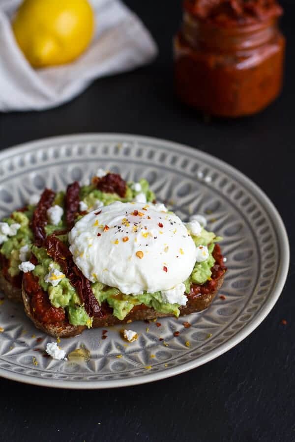 Harissa, Smashed Avocado + Egg Toast with Goat Cheese and Honey Drizzle | halfbakedharvest.com