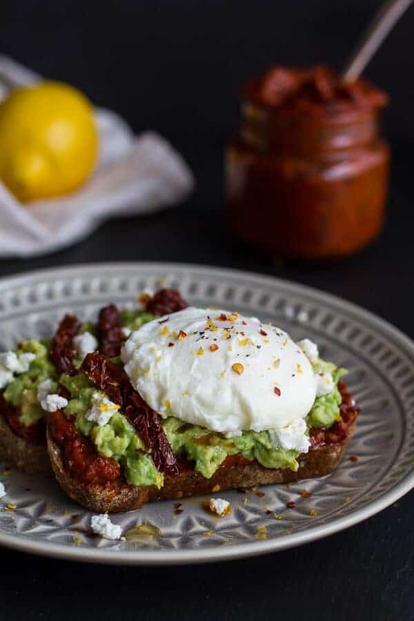 Harissa, Smashed Avocado + Egg Toast with Goat Cheese and Honey Drizzle | halfbakedharvest.com