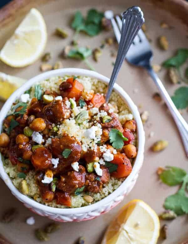 One Pot Moroccan Chicken + Chickpeas with Pistachio Couscous and Goat Cheese | halfbakedharvest.com