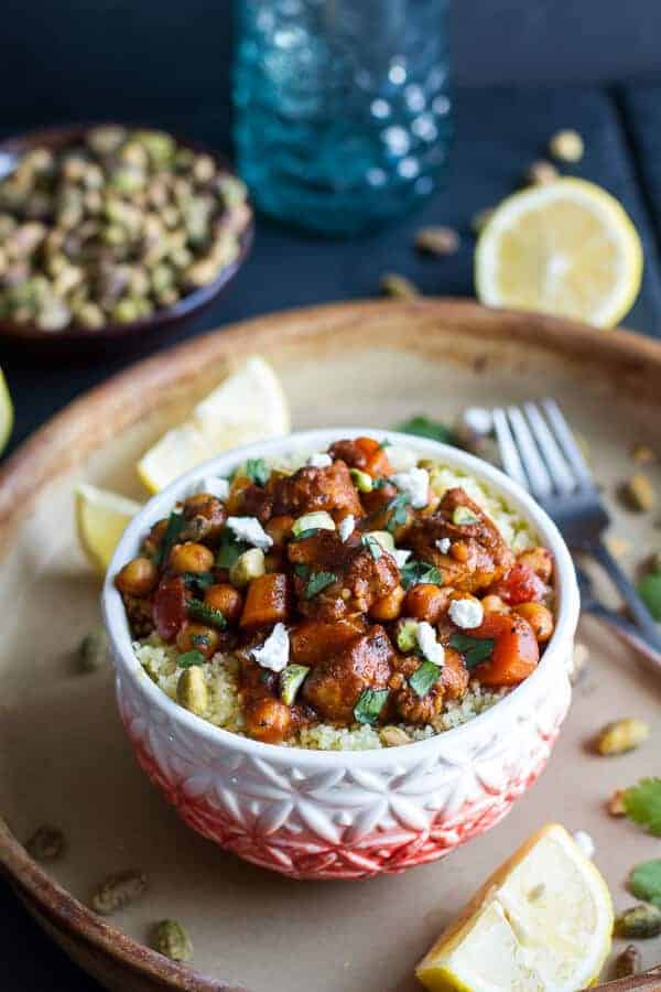 One Pot Moroccan Chicken + Chickpeas with Pistachio Couscous and Goat Cheese | halfbakedharvest.com