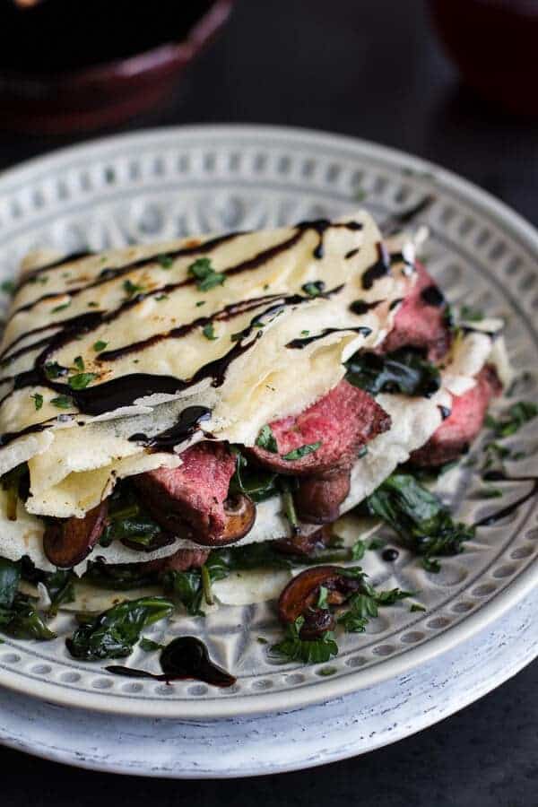 Steak, Spinach and Mushroom Crepes with Balsamic Glaze | halfbakedharvest.com