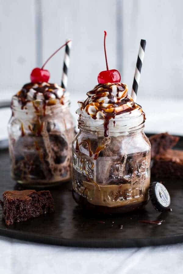Mini Chocolate Stout Brownie Sundae Floats with Burnt Irish Caramel + Hot Fudge | halfbakedharvest.com