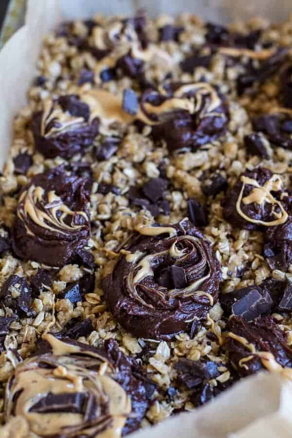 Oatmeal Chocolate Chunk Cookie Peanut Butter Swirled Brownies | halfbakedharvest.com