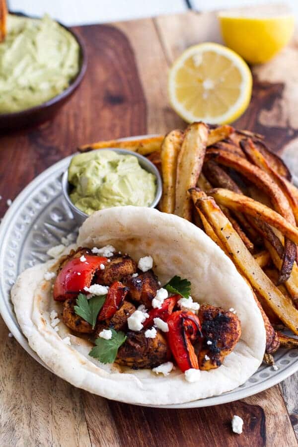 Shish Tawook (Grilled Chicken Skewers) wirth Roasted Garlic Avocado Mayo | halfbakedharvest.com