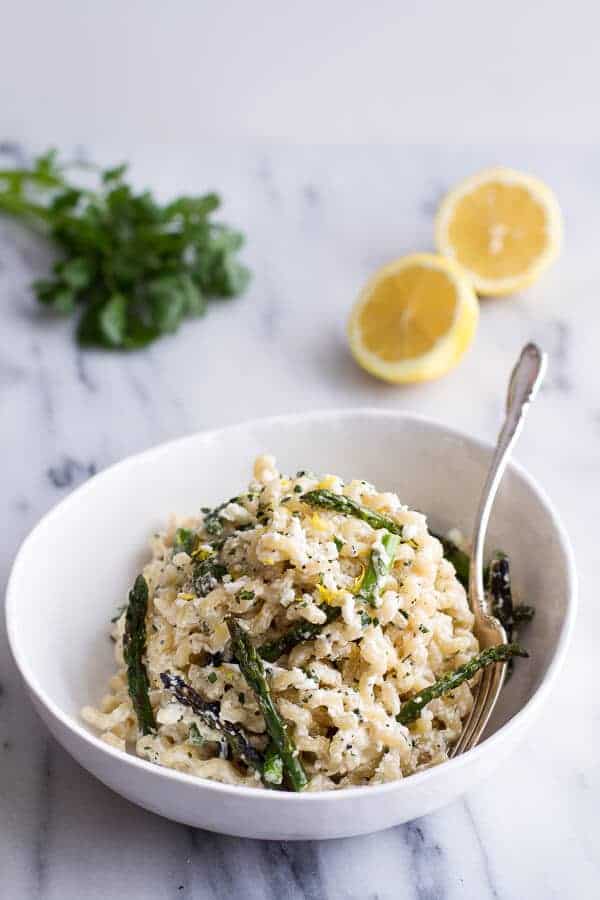 Simple Lemony Feta and Mascarpone Pasta with Grilled Asparagus | halfbakedharvest.com