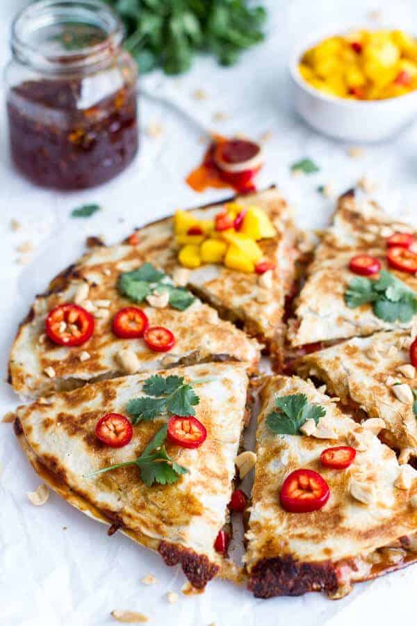 Sweet Thai Chili Salmon Quesadillas with Spicy Mango | halfbakedharvest.com