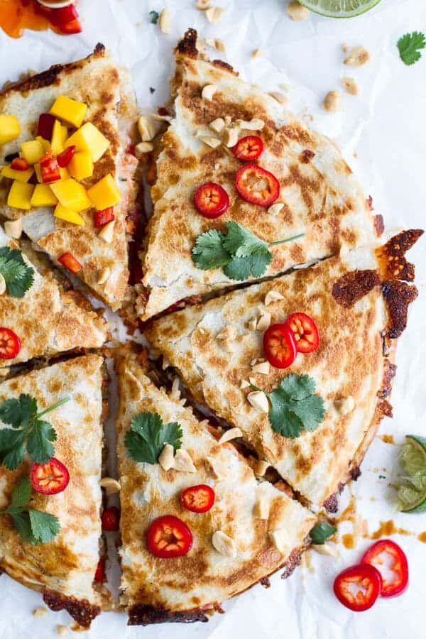 Sweet Thai Chili Salmon Quesadillas with Spicy Mango | halfbakedharvest.com