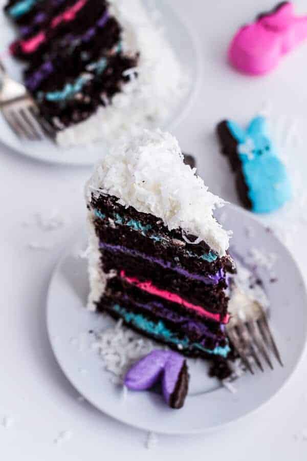 6-Layer (Or 3) Coconut Covered Chocolate Peeps Cake | halfbakedharvest.com