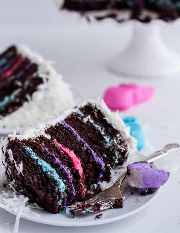 6-Layer (Or 3) Coconut Covered Chocolate Peeps Cake | halfbakedharvest.com