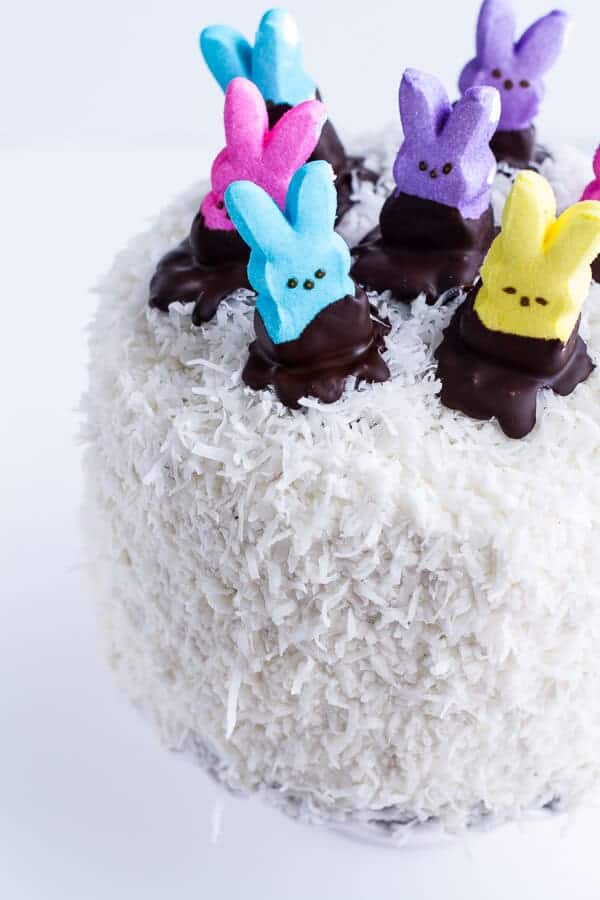6-Layer (Or 3) Coconut Covered Chocolate Peeps Cake | halfbakedharvest.com