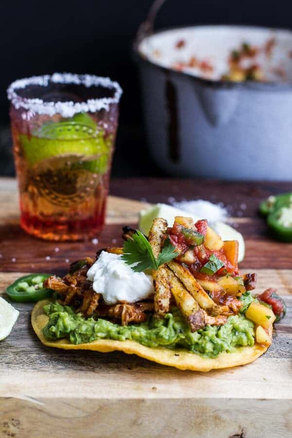 BBQ Margarita Chicken Tostadas with Sweet Jalapeño Margarita Salsa | halfbakedharvest.com