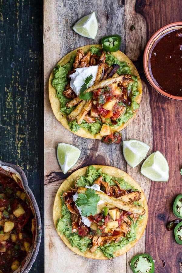 BBQ Margarita Chicken Tostadas with Sweet Jalapeño Margarita Salsa | halfbakedharvest.com