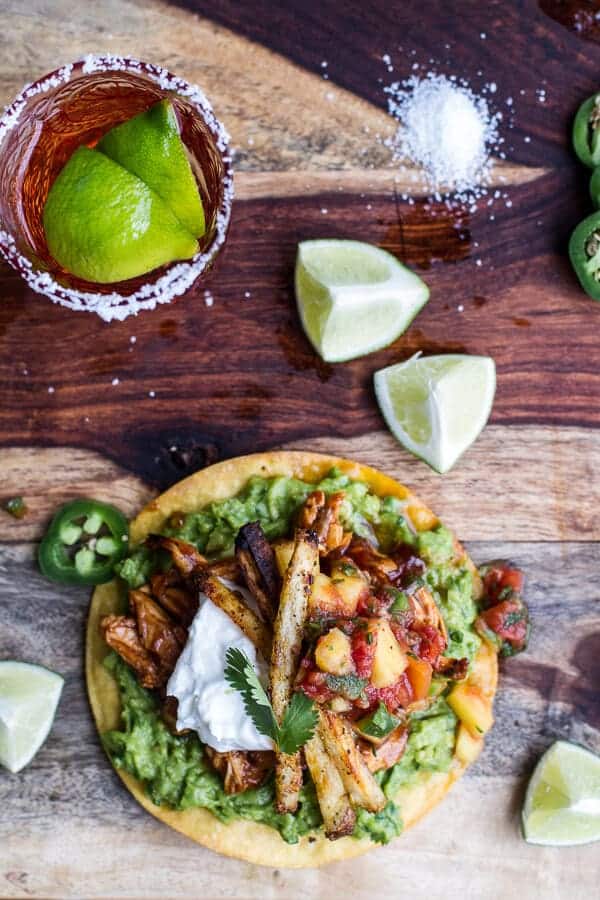 BBQ Margarita Chicken Tostadas with Sweet Jalapeño Margarita Salsa | halfbakedharvest.com