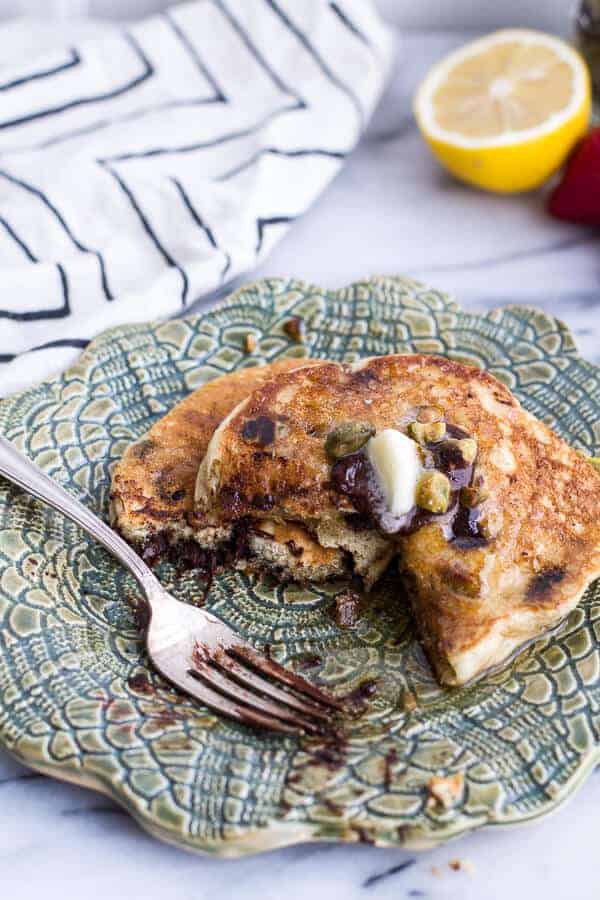 Chocolate Chip Lemon Baklava Pancakes with Salted Vanilla Honey Syrup | halfbakedharvest.com