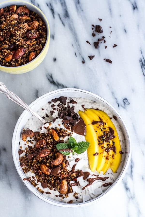 Coconut Banana Oats Smoothie Bowl with Crunchy Black Sesame Quinoa Cereal + Mango | halfbakedharvest.com