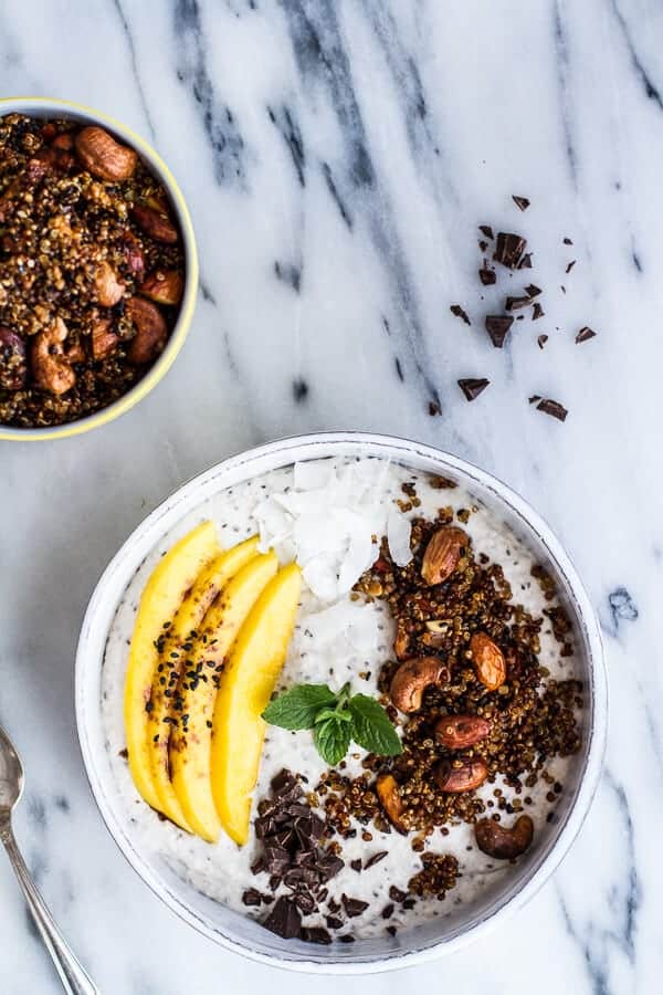 Coconut Banana Oats Smoothie Bowl with Crunchy Black Sesame Quinoa Cereal + Mango | halfbakedharvest.com