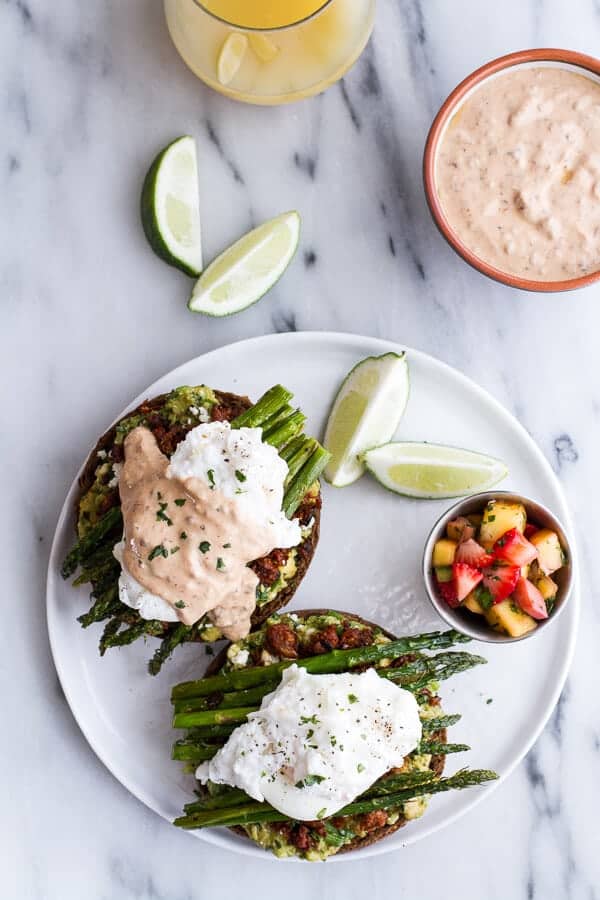 Cotija Guacamole + Chorizo Eggs Benedict with Honey Chipotle Lime Sauce | halfbakedharvest.com