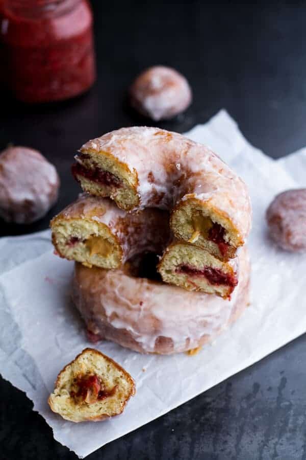 Glazed Peanut Butter and Jelly Doughnuts...with Strawberry-Rhubarb Chia Jelly | halfbakedharvest.com