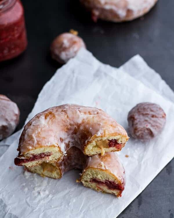 Glazed Peanut Butter and Jelly Doughnuts...with Strawberry-Rhubarb Chia Jelly | halfbakedharvest.com