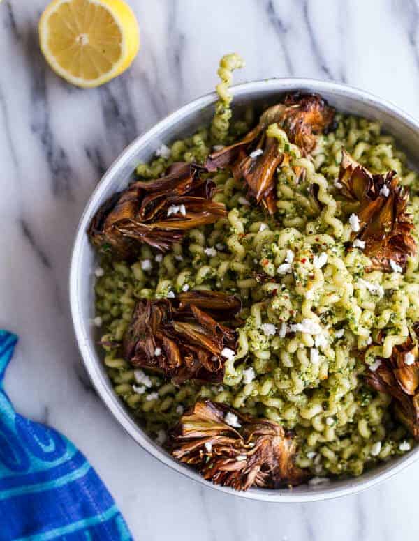 Pan Fried Lemony Artichokes with Asparagus Pistachio Pesto Pasta | halfbakedharvest.com