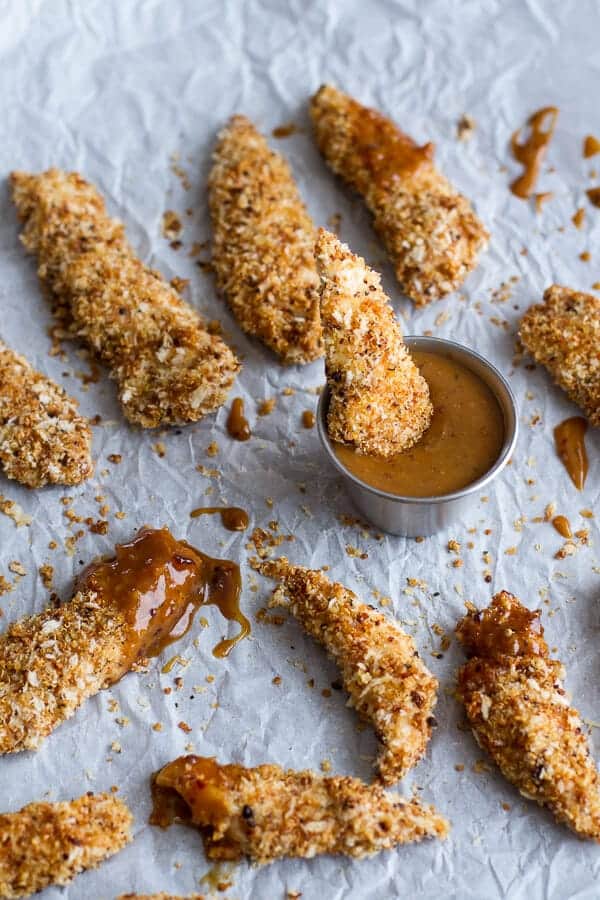 Quinoa Crusted Chicken Strips with BBQ Honey Mustard | halfbakedharvest.com