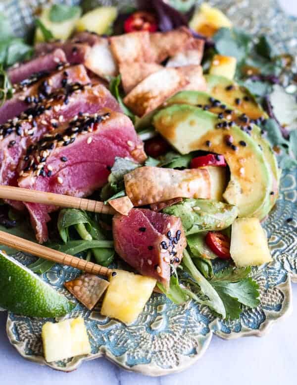 Seared Ahi Tuna Poke Salad with Hula Ginger vinaigrette + Wonton Crisps | halfbakedharvest.com