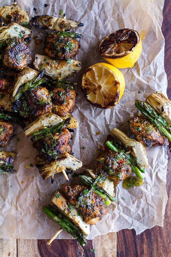 Spring Veggie + Lemon Moroccan Chicken Skewers with Minted Goat Cheese Yogurt | halfbakedharvest.com