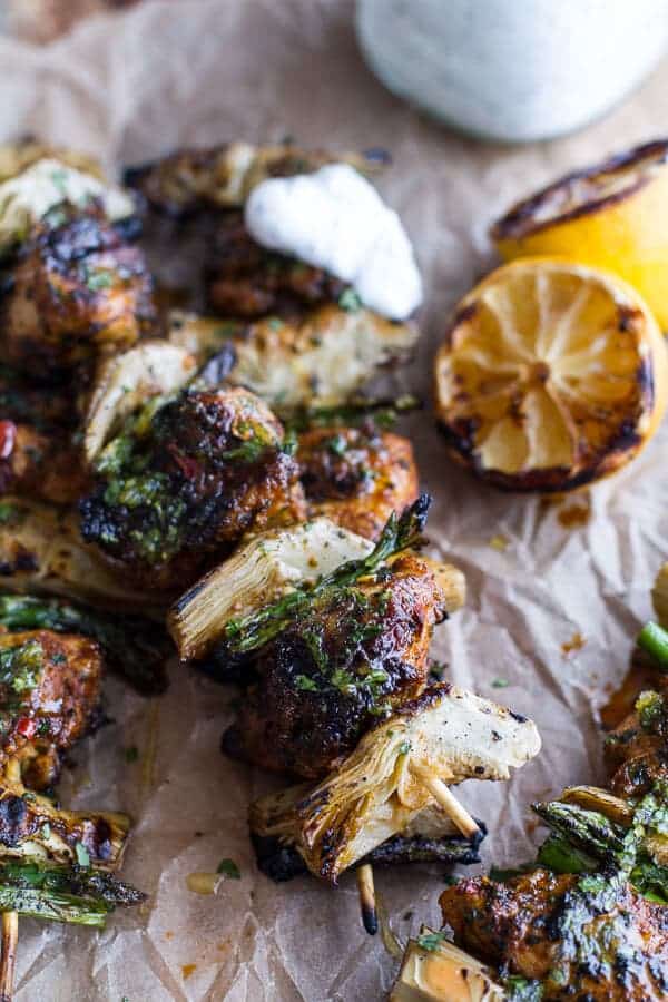 Spring Veggie + Lemon Moroccan Chicken Skewers with Minted Goat Cheese Yogurt | halfbakedharvest.com