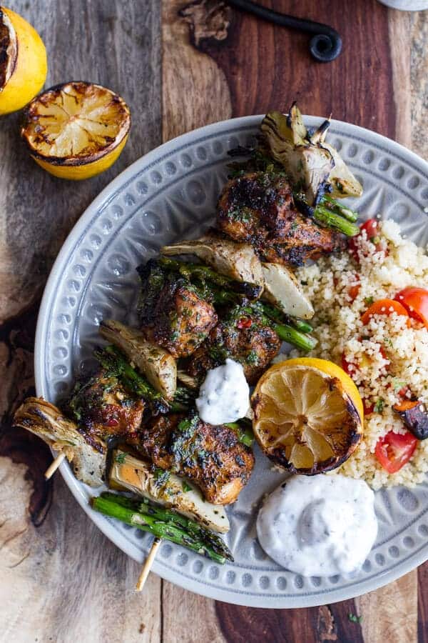 Spring Veggie + Lemon Moroccan Chicken Skewers with Minted Goat Cheese Yogurt | halfbakedharvest.com