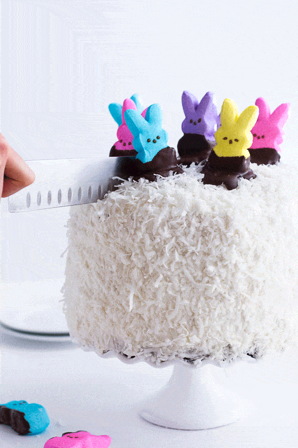 6-Layer (Or 3) Coconut Covered Chocolate Peeps Cake | halfbakedharvest.com