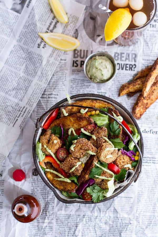 Cajun Shrimp 'n' Chips Po Boy Salad with Avocado Tarter Sauce | halfbakedharvest.com