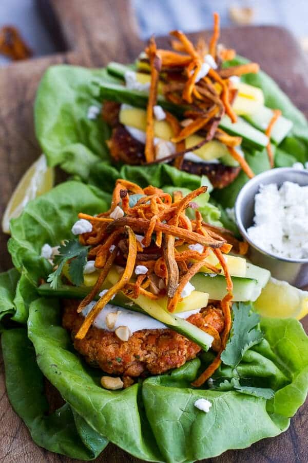 Curried Salmon Burger Lettuce Wraps w-Crispy Sweet Potato Straws + Goat cheese | halfbakedharvest.com