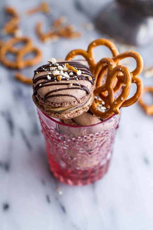 Frozen Hot Fudge and Peanut Butter Swirled Pretzel Macarons | halfbakedharvest.com