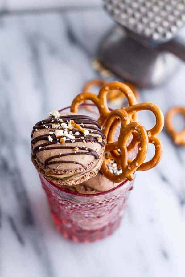 Frozen Hot Fudge and Peanut Butter Swirled Pretzel Macarons | halfbakedharvest.com