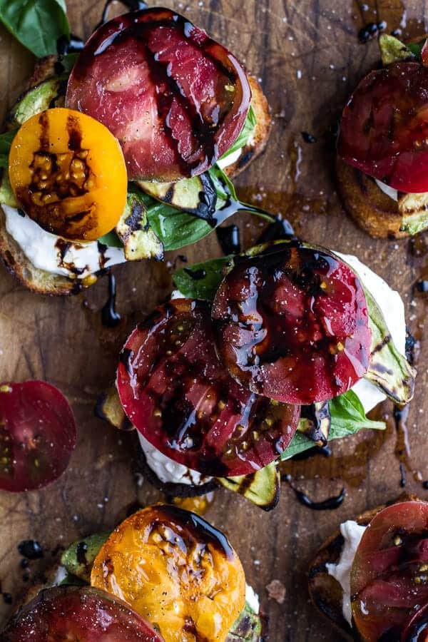 Grilled Caprese Toast with Burrata Cheese + Grilled Avocados | halfbakedharvest.com