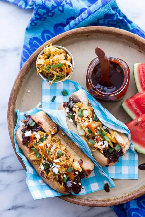 Grilled Korean BBQ Short Rib Dogs w-Sweet Peach Relish + Spicy Korean Slaw | halfbakedharvest.com