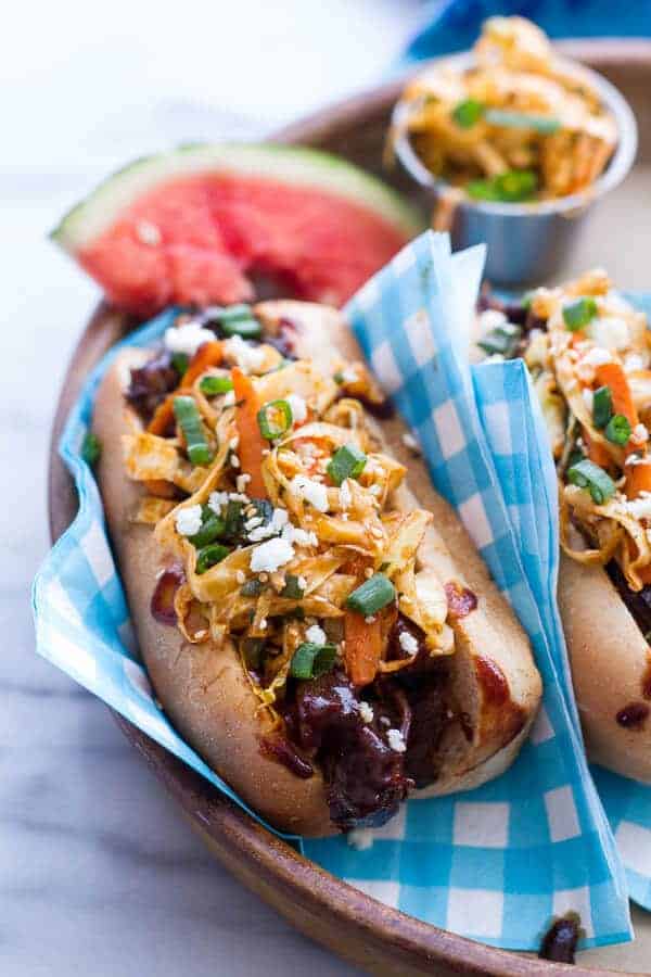 Grilled Korean BBQ Short Rib Dogs w-Sweet Peach Relish + Spicy Korean Slaw | halfbakedharvest.com