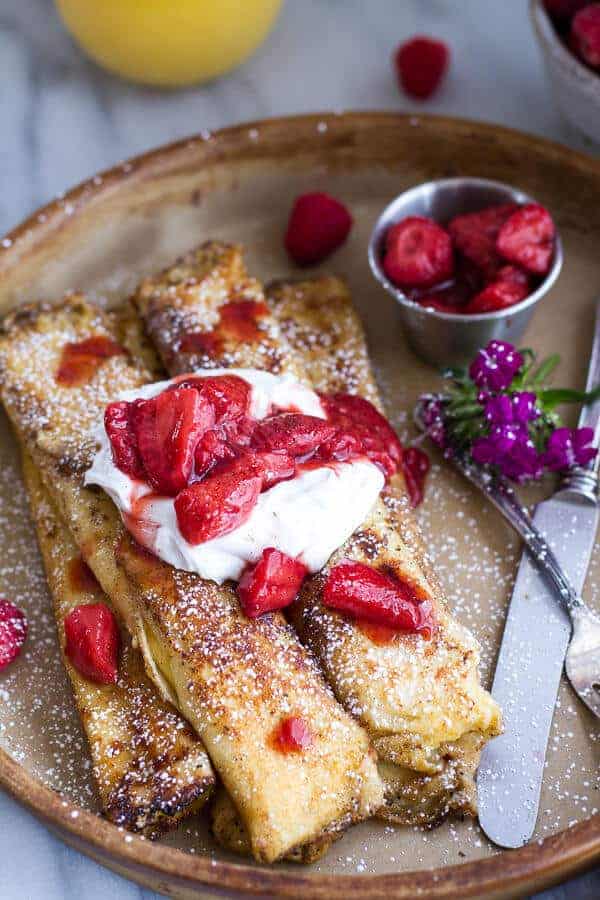 Lemon Ricotta Cheese Stuffed French Toast Crepes with Vanilla Stewed Strawberries | halfbakedharvest.com