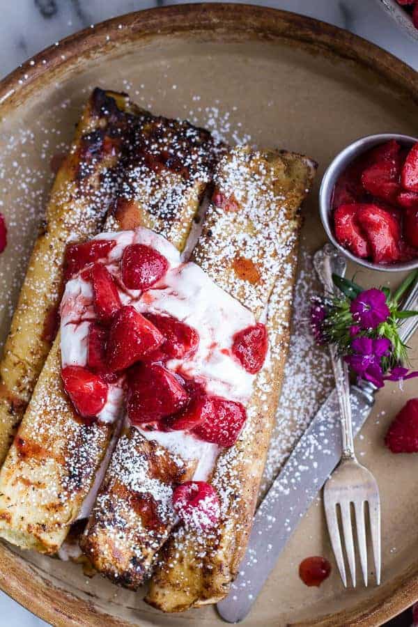Lemon Ricotta Cheese Stuffed French Toast Crepes with Vanilla Stewed Strawberries | halfbakedharvest.com
