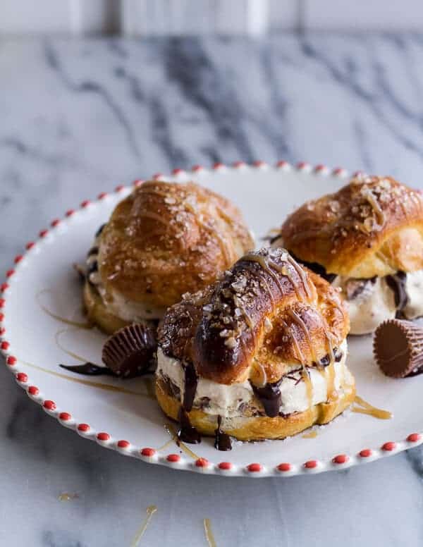 No-Churn Caramel Peanut Butter Cup Soft Pretzel Ice Cream Sammies w-Hot Fudge | halfbakedharvest.com