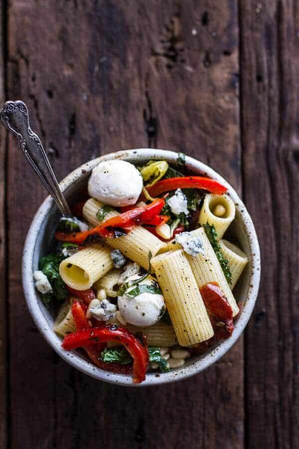 Simple Grilled Kale + Red Pepper Tuscan Pasta Salad | halfbakedharvest.com