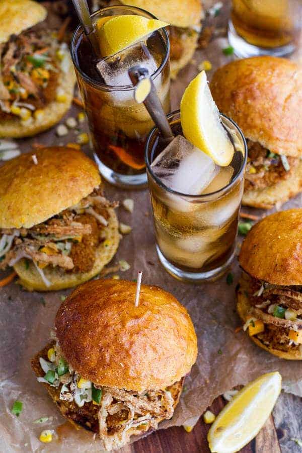 Sweet Tea Oven-Fried Chicken Sliders w- Jalapeño Cheddar Corn Slaw + Crispy Onions | halfbakedharvest.com