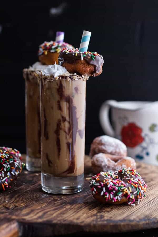 Coconut Iced Coffee...with Mini Chocolate Glazed Coffee Doughnuts | halfbakedharvest.com