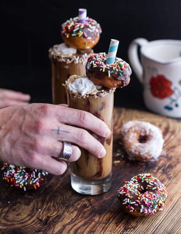 Coconut Iced Coffee...with Mini Chocolate Glazed Coffee Doughnuts | halfbakedharvest.com
