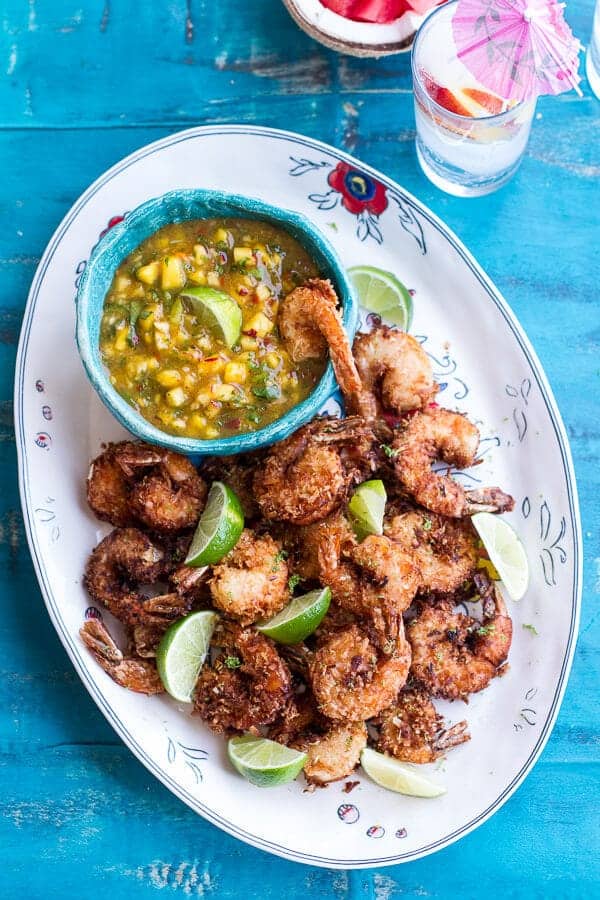 Coconut-Lime Fried Shrimp with Fiery Mango-Peach Jalapeño Sauce | halfbakedharvest.com