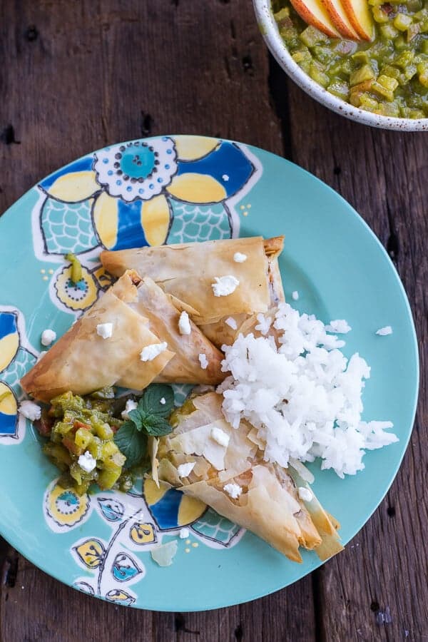 Garden Veggie and Goat Cheese Samosas with Sweet Peach and Basil Chutney | halfbakedharvest.com